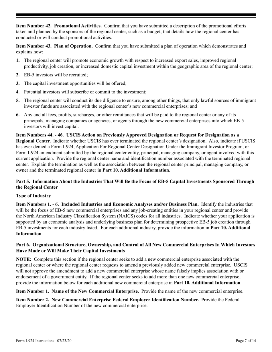 Instructions for USCIS Form I-924 Application for Regional Center Designation Under the Immigrant Investor Program, Page 7