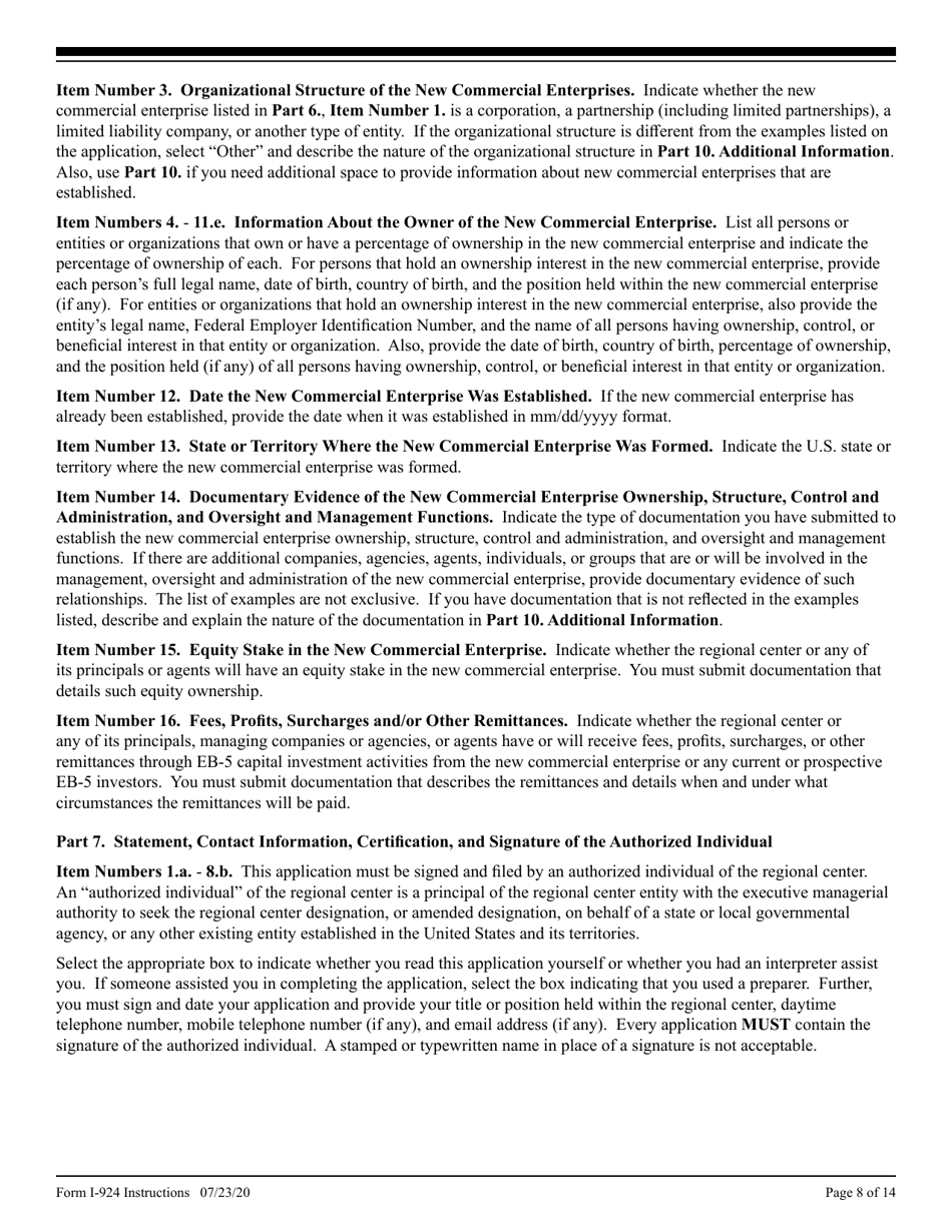 Instructions for USCIS Form I-924 Application for Regional Center Designation Under the Immigrant Investor Program, Page 8