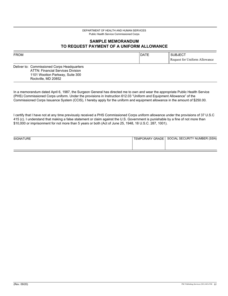 Sample Memorandum to Request Payment of a Uniform Allowance, Page 1