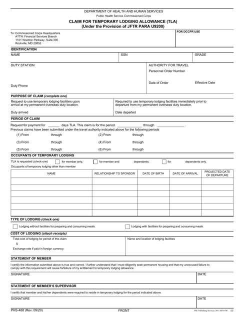 Form PHS-488 Claim for Temporary Lodging Allowance (Tla)
