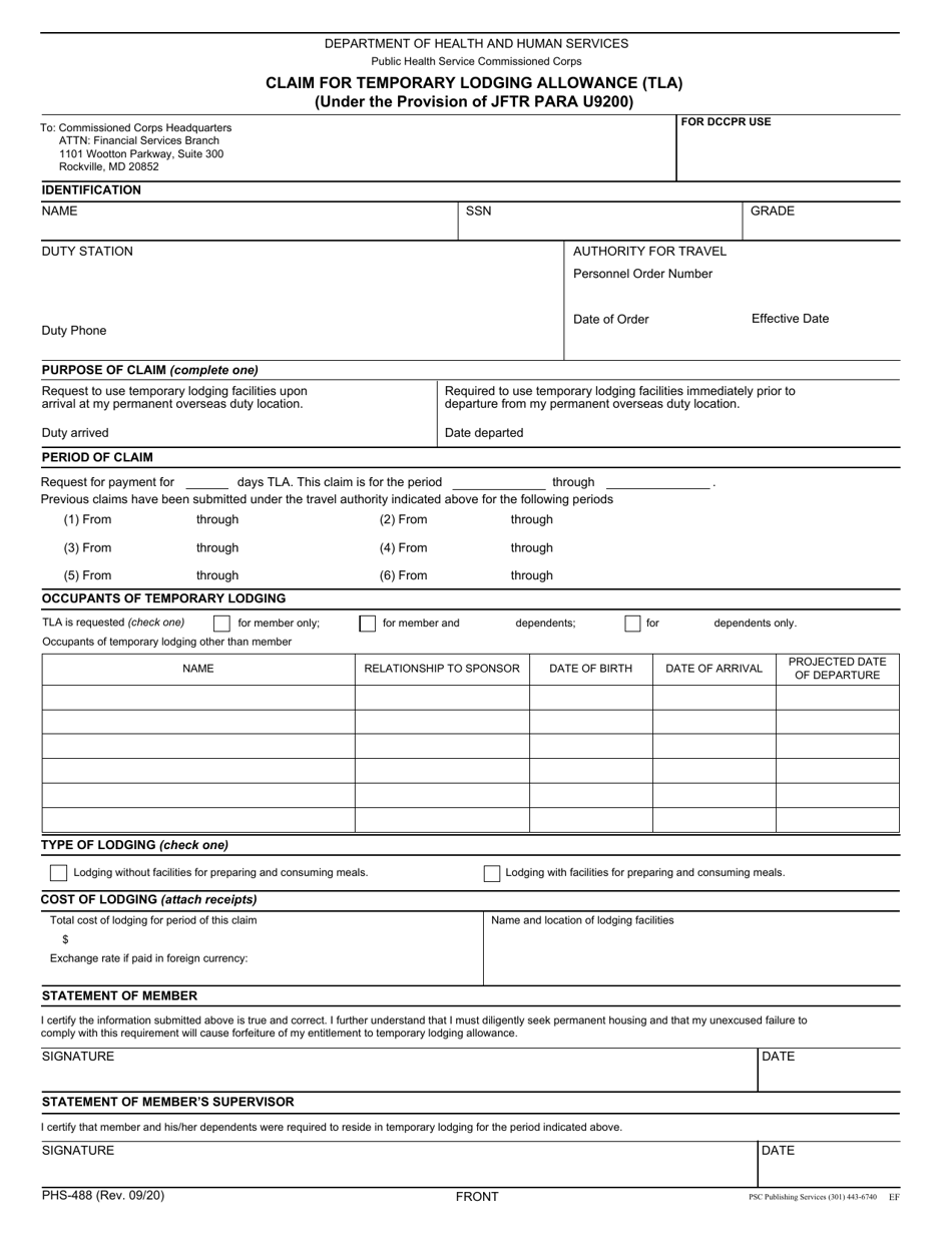 Form PHS-488 Claim for Temporary Lodging Allowance (Tla), Page 1