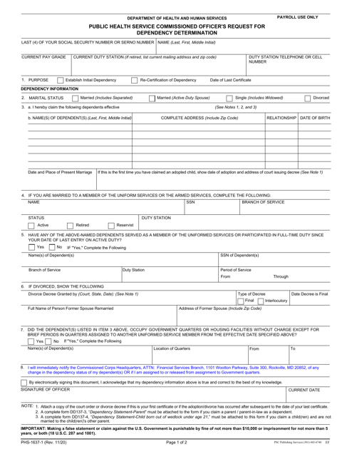 Form PHS-1637-1 Public Health Service Commissioned Officer's Request for Dependency Determination