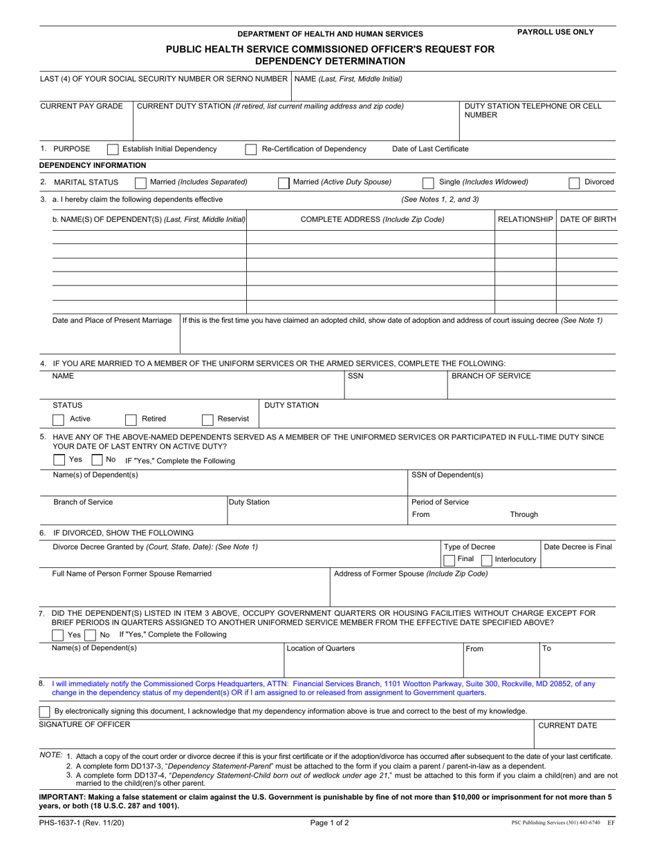 Form PHS-1637-1 Public Health Service Commissioned Officers Request for Dependency Determination, Page 1