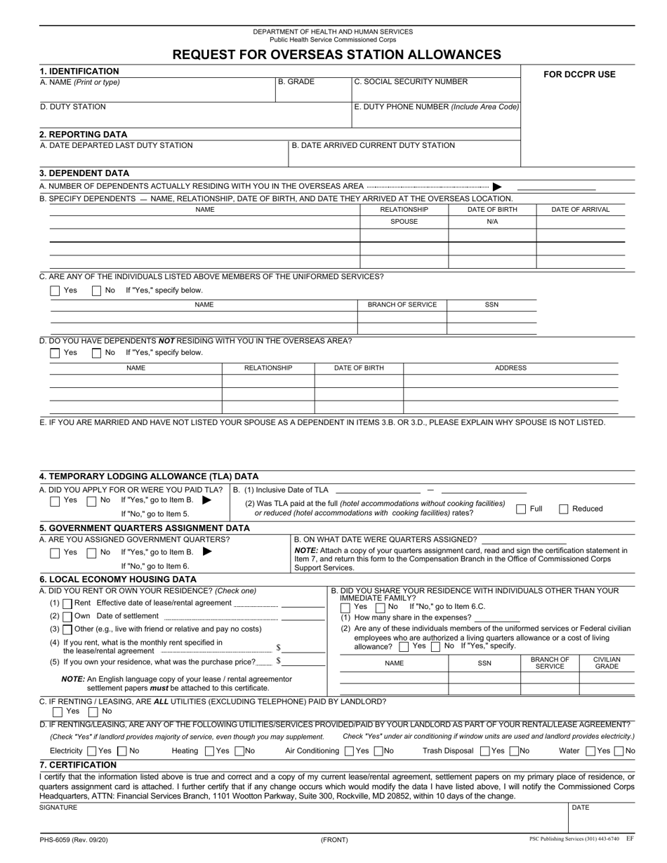 Form PHS-6059 Request for Overseas Station Allowances, Page 1