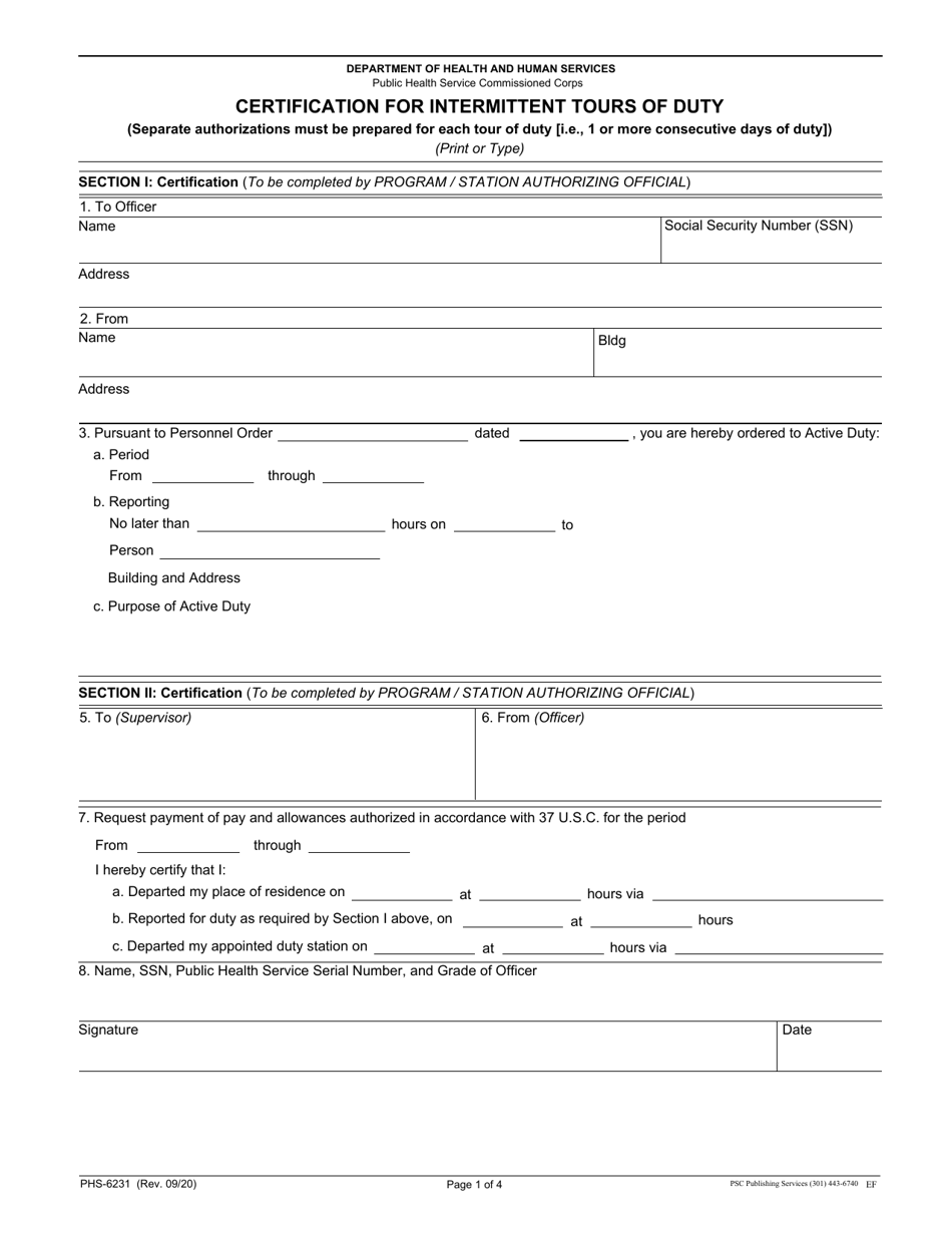 Form PHS-6321 Certification for Intermittent Tours of Duty, Page 1