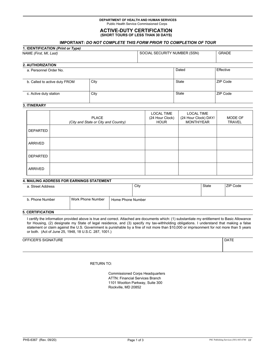 Form PHS-6367 Active-Duty Certification (Short Tours of Less Than 30 Days), Page 1
