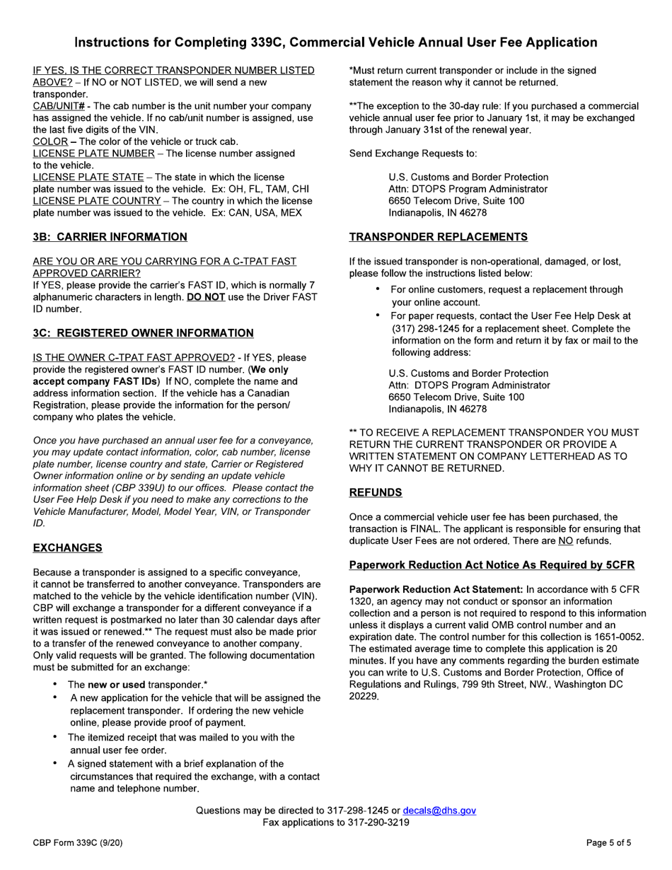 CBP Form 339C Vehicle Application, Page 5