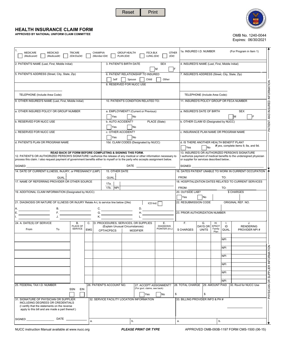 Form OWCP-1500 Health Insurance Claim Form, Page 1