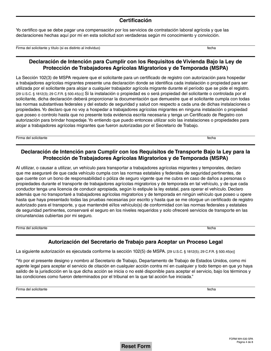 Formulario WH-530 Solicitud De Un Contratista De Trabajo Agricola O Contratista De Trabajo Agricola Asalariado Certificado De Registro (Spanish), Page 4