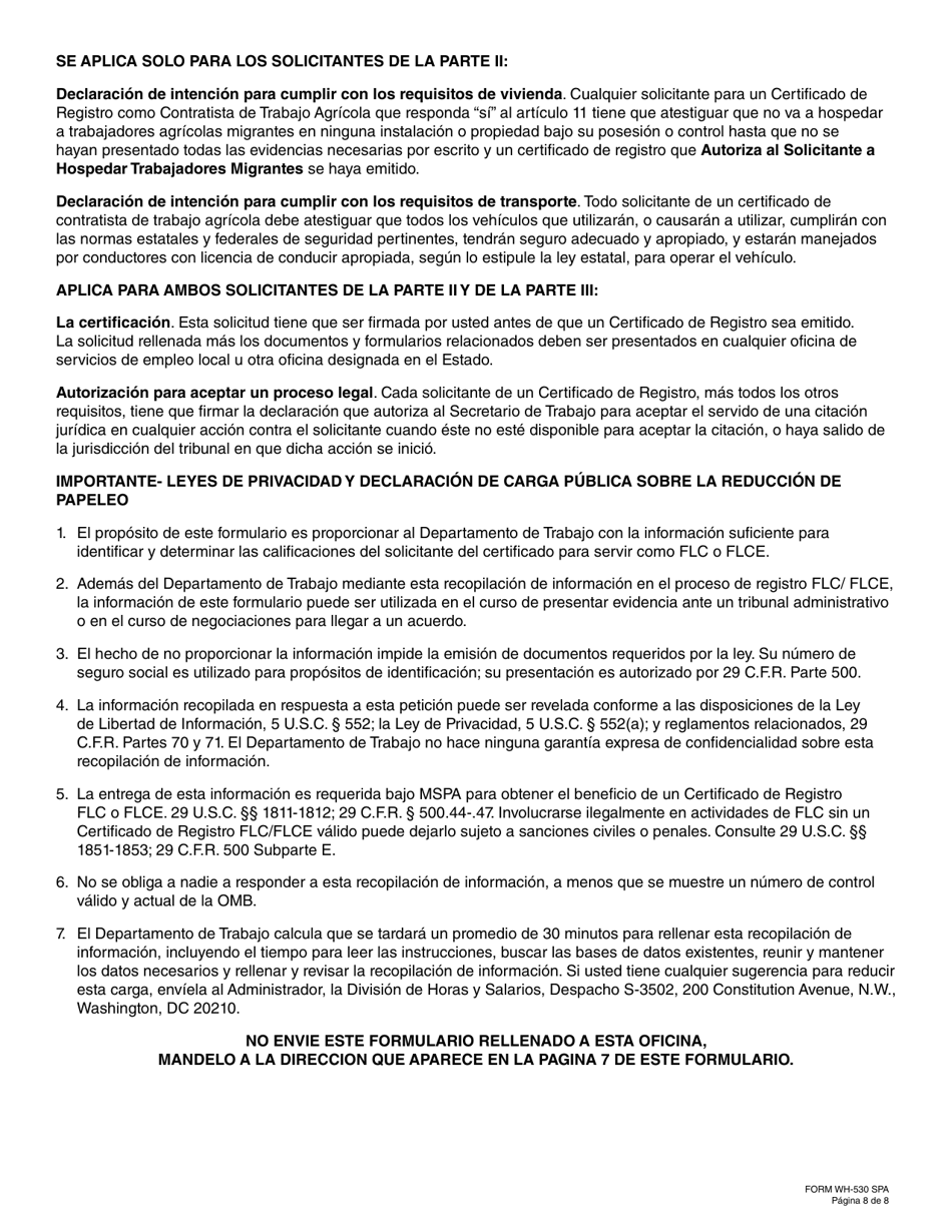 Formulario WH-530 Solicitud De Un Contratista De Trabajo Agricola O Contratista De Trabajo Agricola Asalariado Certificado De Registro (Spanish), Page 8