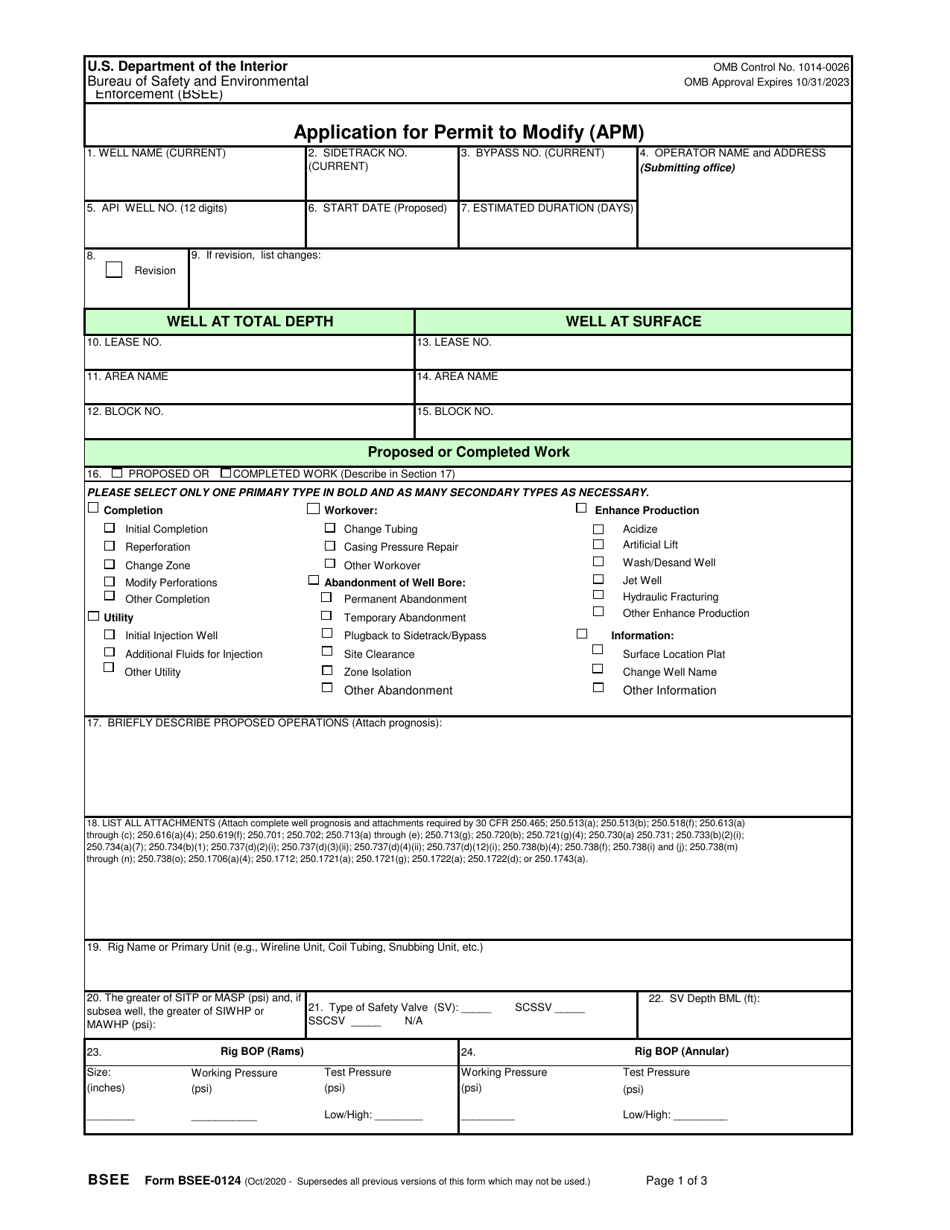 Form BSEE-0124 Application for Permit to Modify (Apm), Page 1