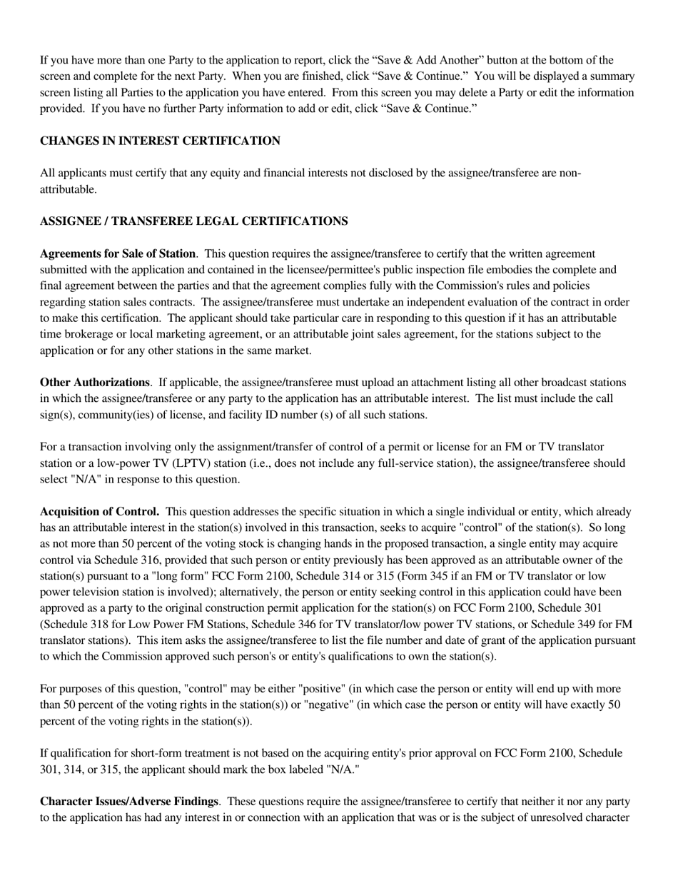 Instructions for FCC Form 2100 Schedule 316 Application for Consent to Assign Broadcast Station Construction Permit or License or Transfer Control of Entity Holding Broadcast Station Construction Permit or License, Page 15