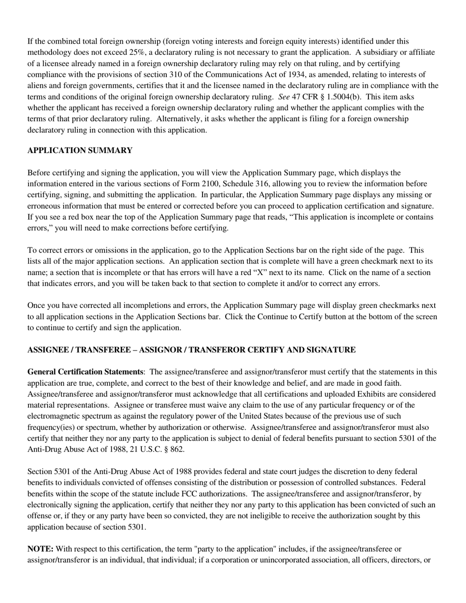 Instructions for FCC Form 2100 Schedule 316 Application for Consent to Assign Broadcast Station Construction Permit or License or Transfer Control of Entity Holding Broadcast Station Construction Permit or License, Page 18