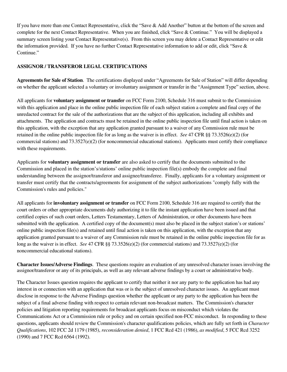 Instructions for FCC Form 2100 Schedule 316 Application for Consent to Assign Broadcast Station Construction Permit or License or Transfer Control of Entity Holding Broadcast Station Construction Permit or License, Page 9
