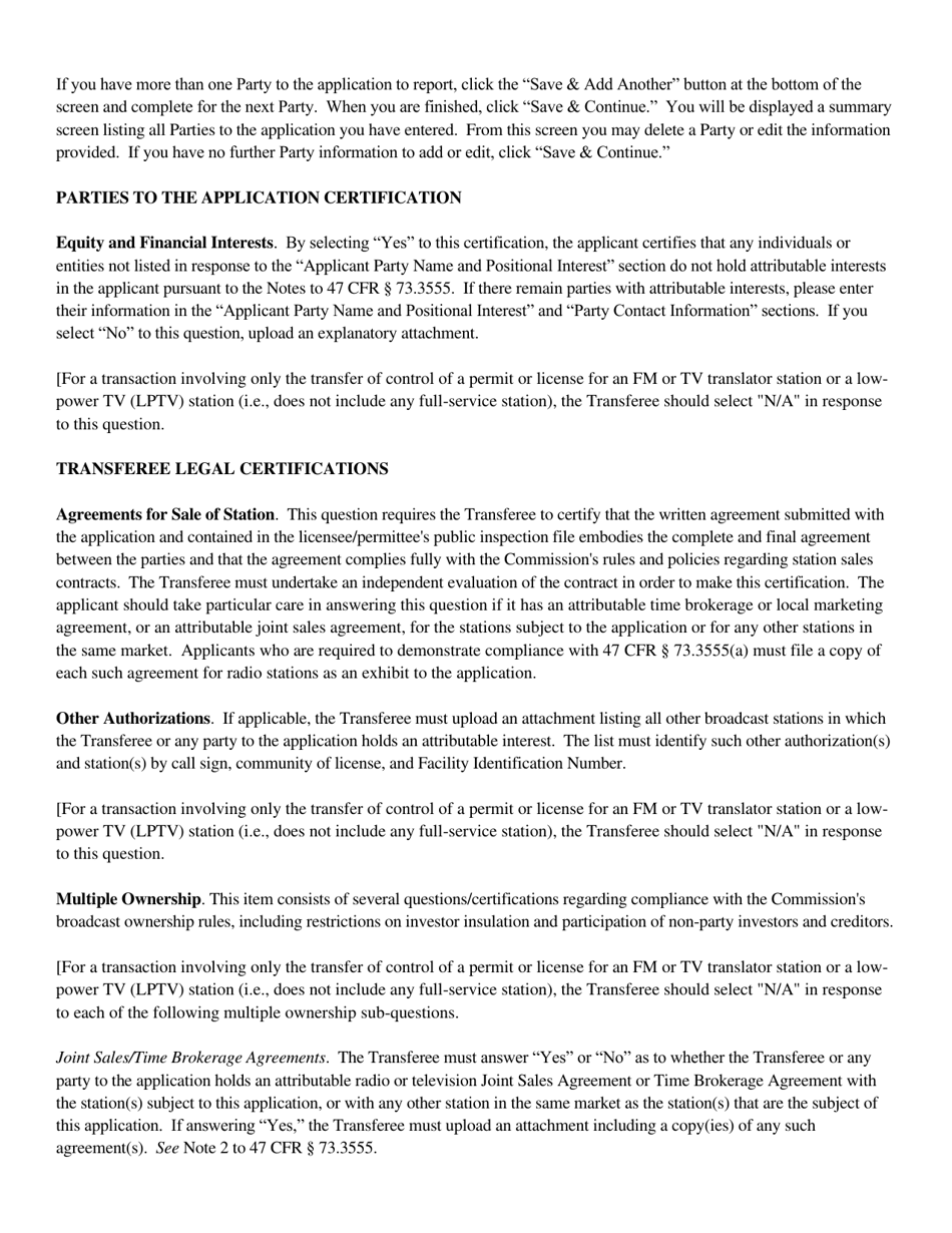 Instructions for FCC Form 2100 Schedule 315 Application for Consent to Transfer Control of Entity Holding Broadcast Station Construction Permit or License, Page 18