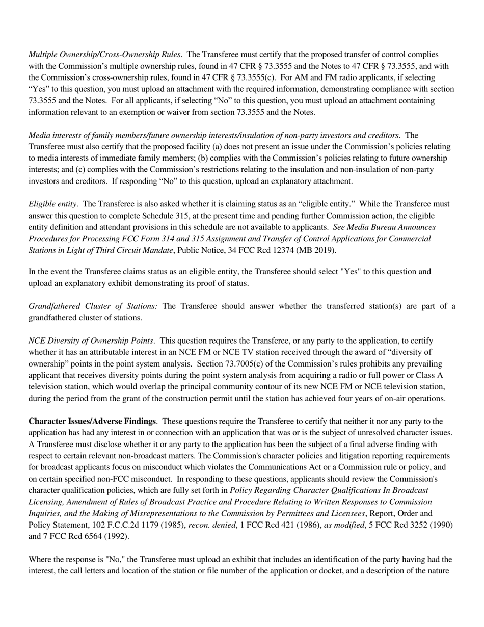 Instructions for FCC Form 2100 Schedule 315 Application for Consent to Transfer Control of Entity Holding Broadcast Station Construction Permit or License, Page 19