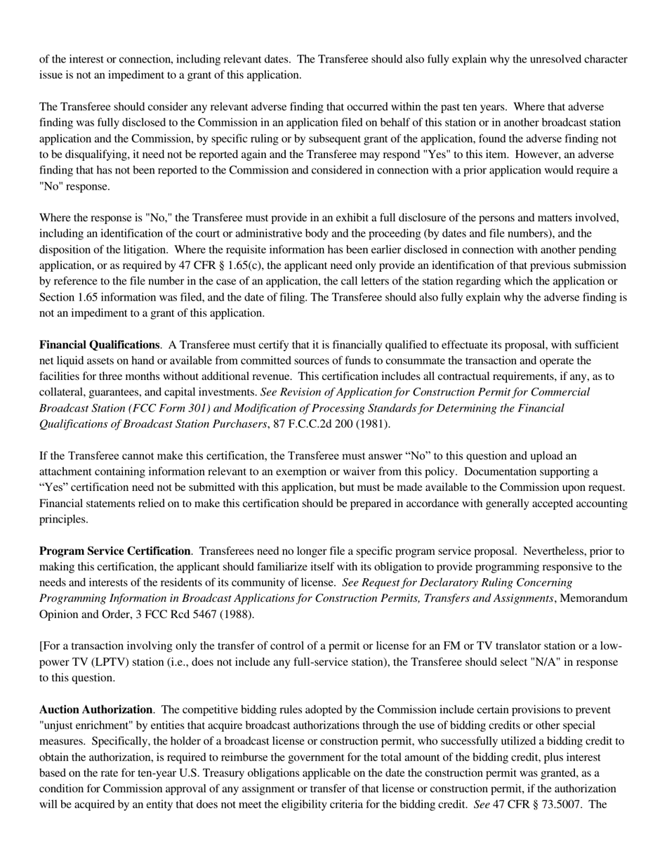 Instructions for FCC Form 2100 Schedule 315 Application for Consent to Transfer Control of Entity Holding Broadcast Station Construction Permit or License, Page 20