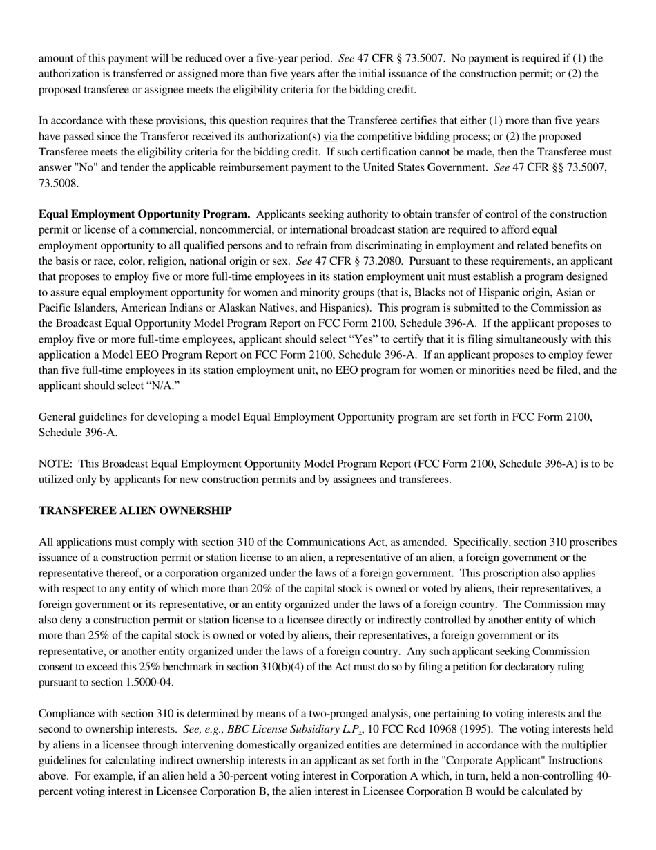 Instructions for FCC Form 2100 Schedule 315 Application for Consent to Transfer Control of Entity Holding Broadcast Station Construction Permit or License, Page 21