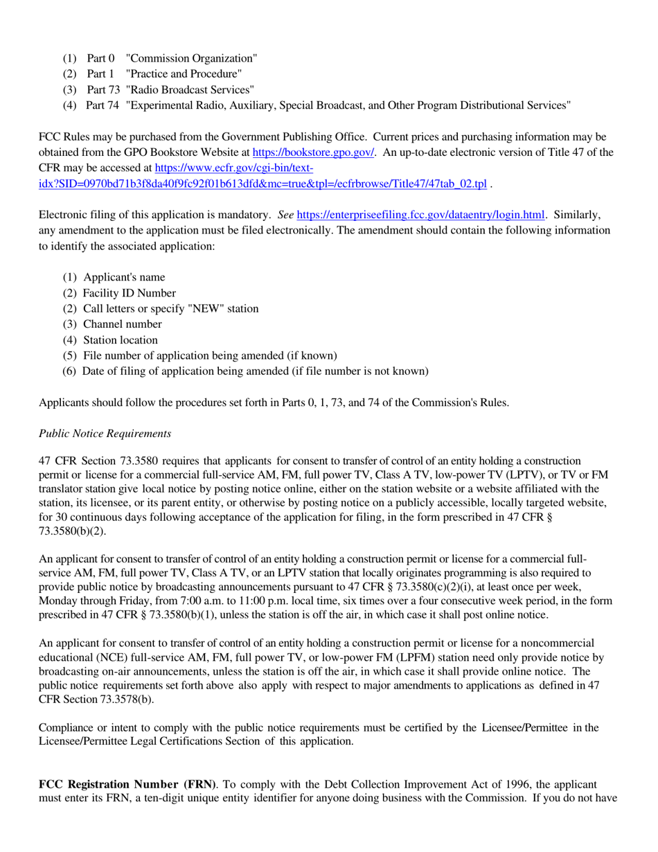 Instructions for FCC Form 2100 Schedule 315 Application for Consent to Transfer Control of Entity Holding Broadcast Station Construction Permit or License, Page 2