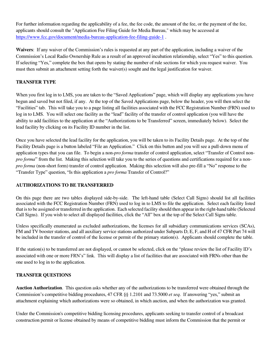 Instructions for FCC Form 2100 Schedule 315 Application for Consent to Transfer Control of Entity Holding Broadcast Station Construction Permit or License, Page 5
