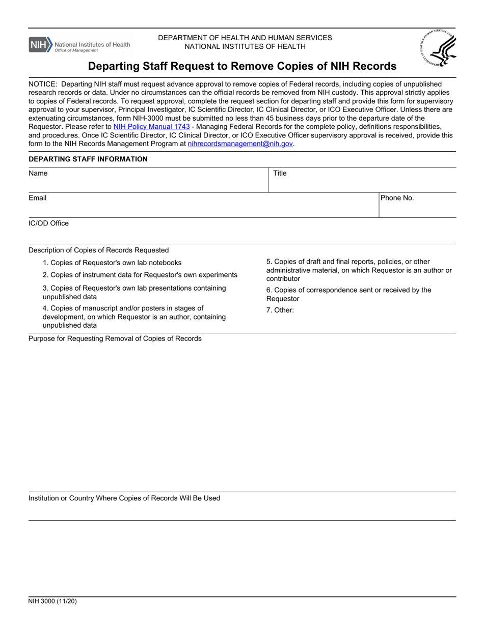 Form NIH3000 Departing Staff Request to Remove Copies of Nih Records, Page 1