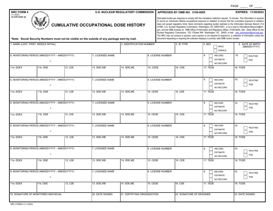 NRC Form 4 Cumulative Occupational Dose History, Page 1