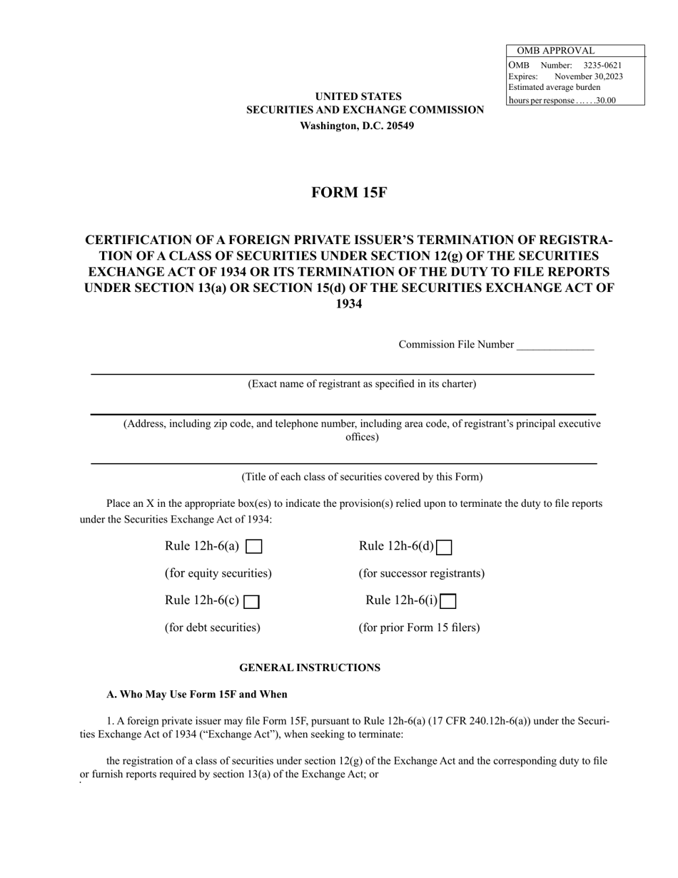 Form 15F Certification of a Foreign Private Issuers Termination of Registration of a Class of Securities Under Section 12(G) of the Securities Exchange Act of 1934 or Its Termination of the Duty to File Reports Under Section 13(A) or Section 15(D) of the Securities Exchange Act of 1934, Page 1