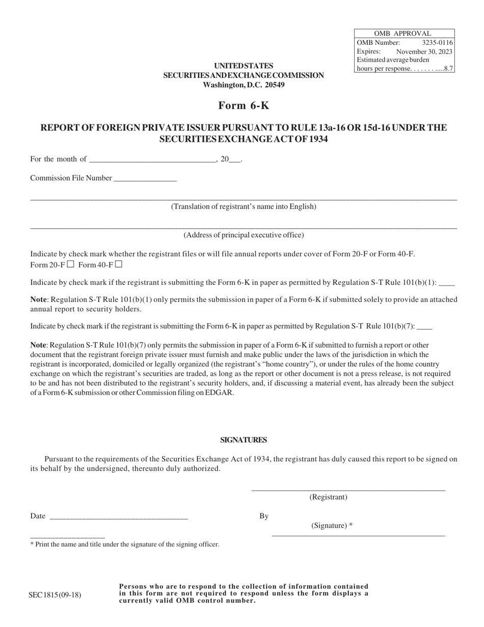 SEC Form 1815 (6-K) Report of Foreign Private Issuer Pursuant to Rule 13a-16 or 15d-16 Under the Securities Exchange Act of 1934, Page 1