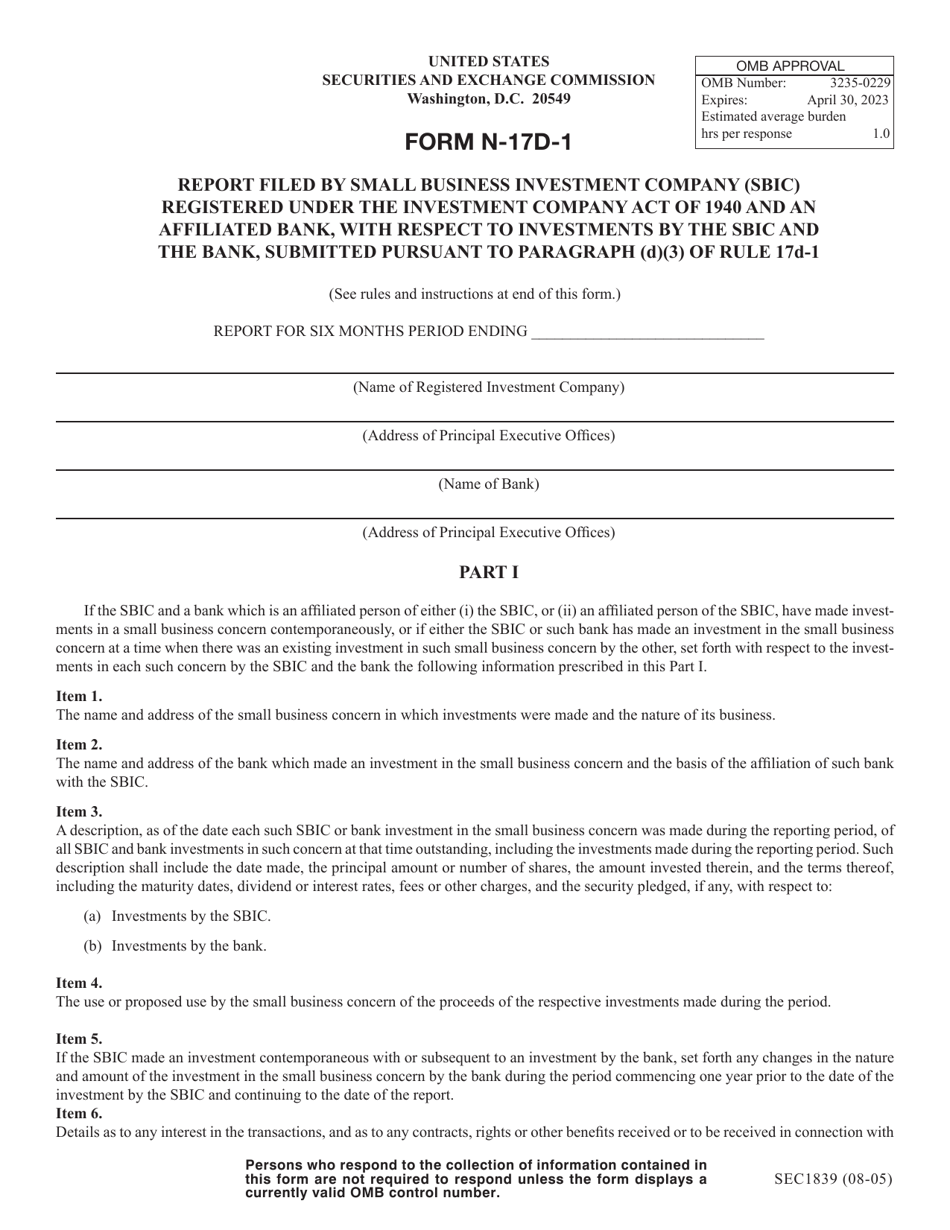 SEC Form 1839 (N-17D-1) Report Filed by Small Business Investment Company (Sbic), Page 1
