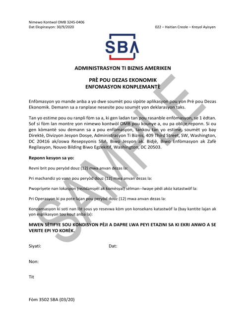 SBA Form 3502  Printable Pdf