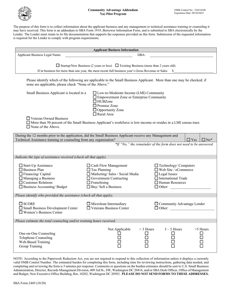 SBA Form 2449 Community Advantage Addendum (7(A) Pilot Program), Page 1