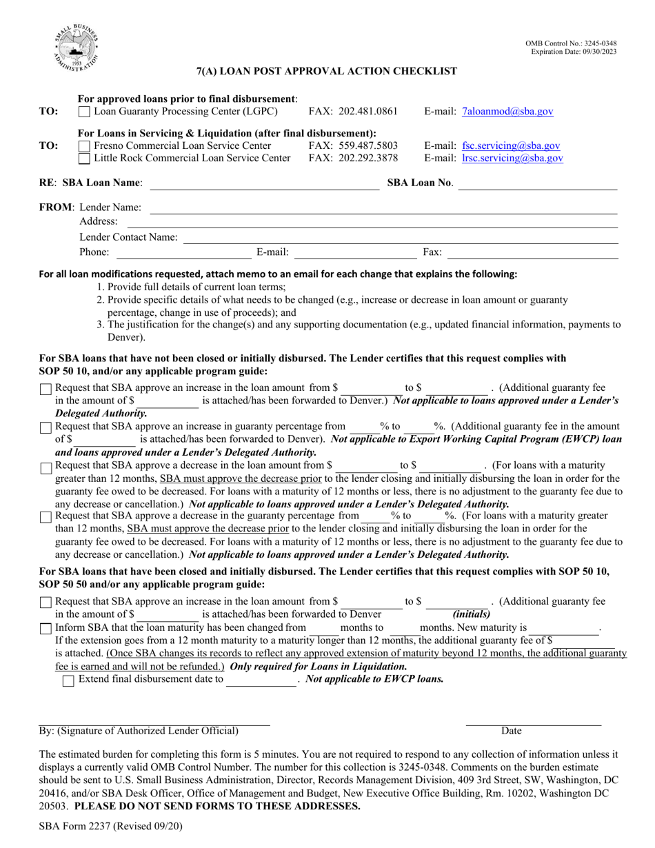 SBA Form 2237 7(A) Loan Post Approval Action Checklist, Page 1