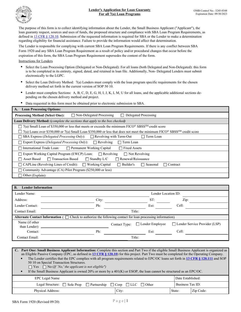SBA Form 1920 Lenders Application for Loan Guaranty for All 7(A) Loan Programs, Page 1