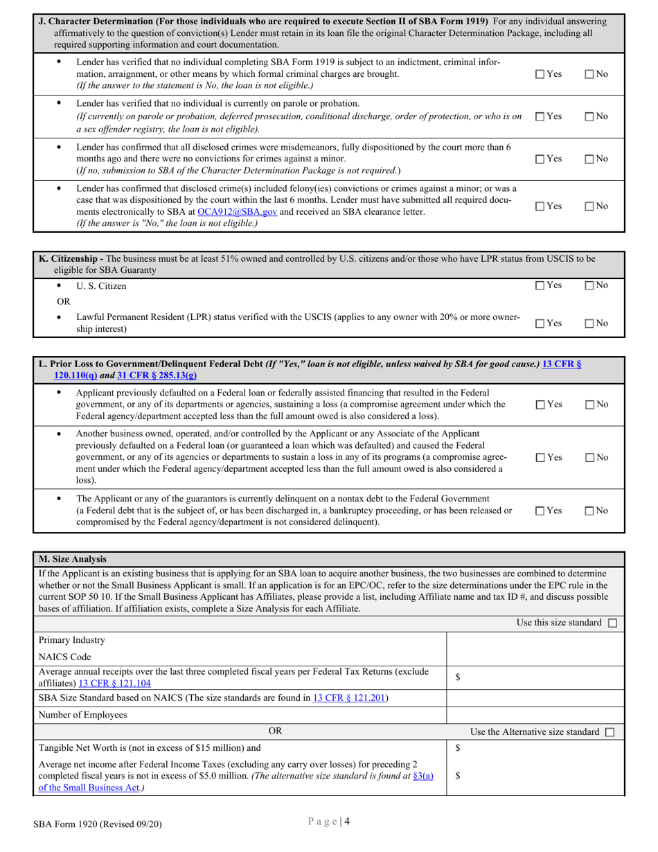 SBA Form 1920 Lenders Application for Loan Guaranty for All 7(A) Loan Programs, Page 4