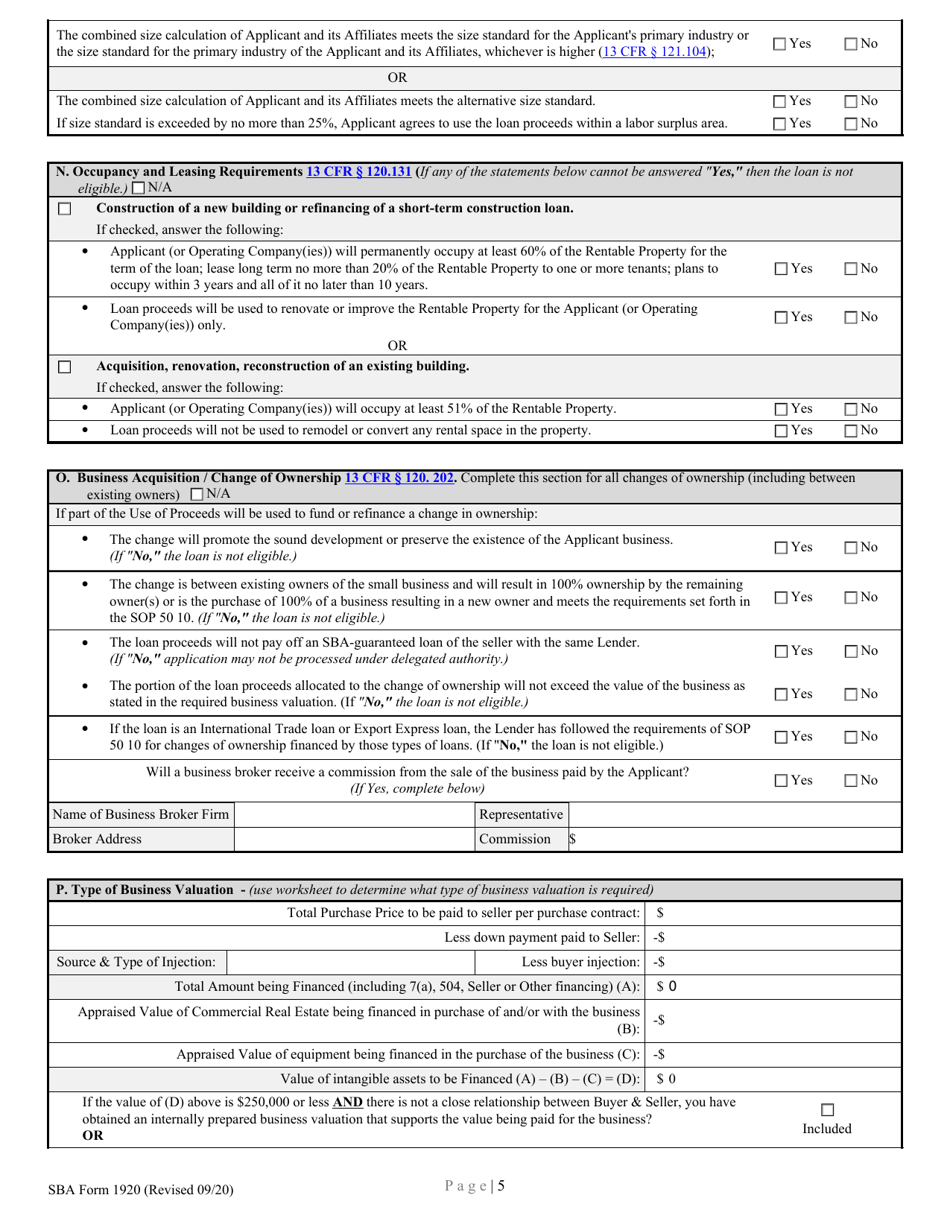 Sba Form 1920 Fill Out Sign Online And Download Fillable Pdf