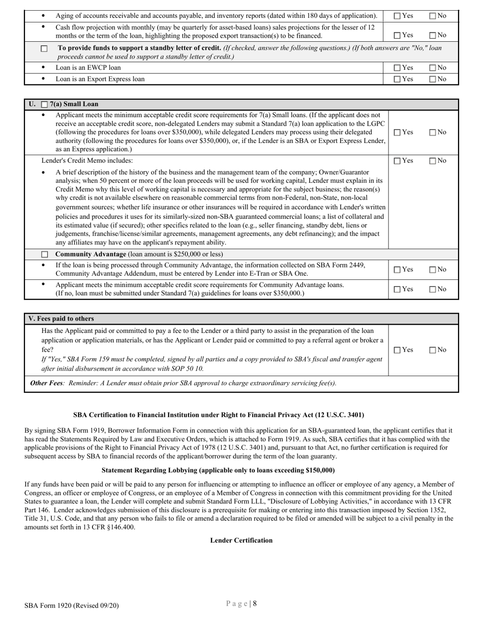 SBA Form 1920 Lenders Application for Loan Guaranty for All 7(A) Loan Programs, Page 8