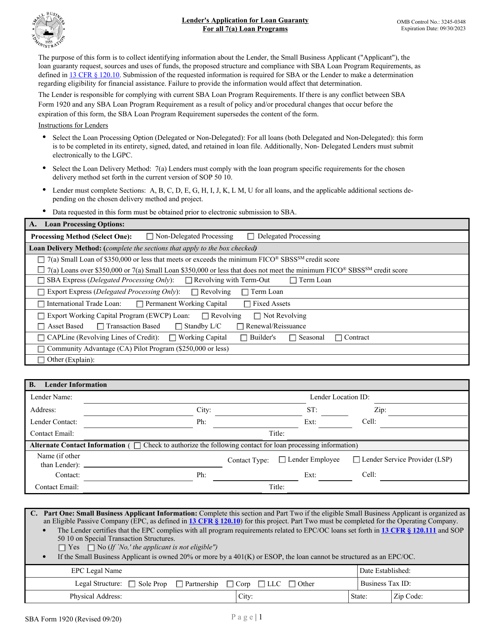 SBA Form 1920 Lender's Application for Loan Guaranty for All 7(A) Loan Programs