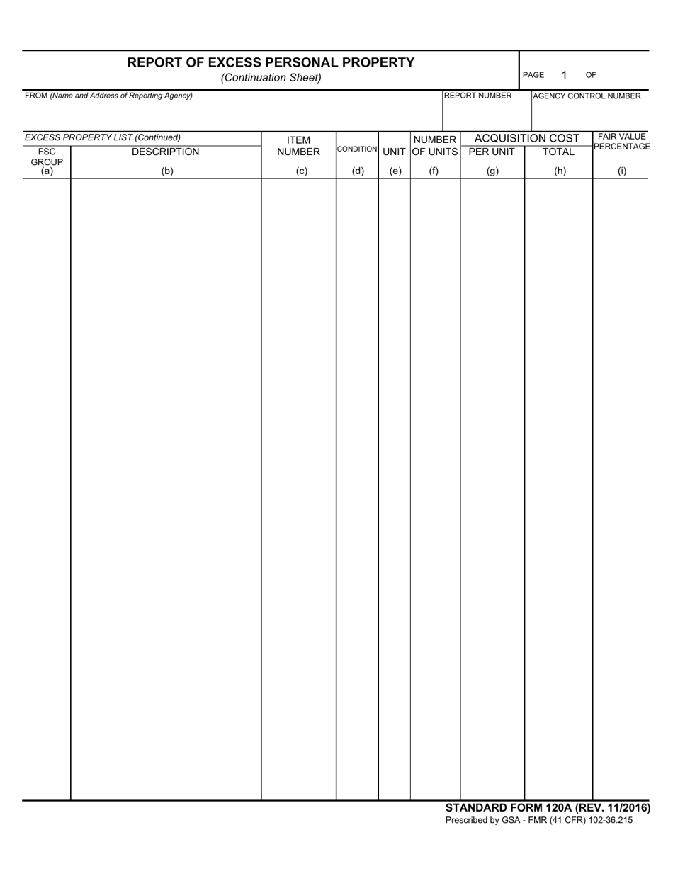 Form SF-120A Report of Excess Personal Property (Continuation Sheet), Page 1