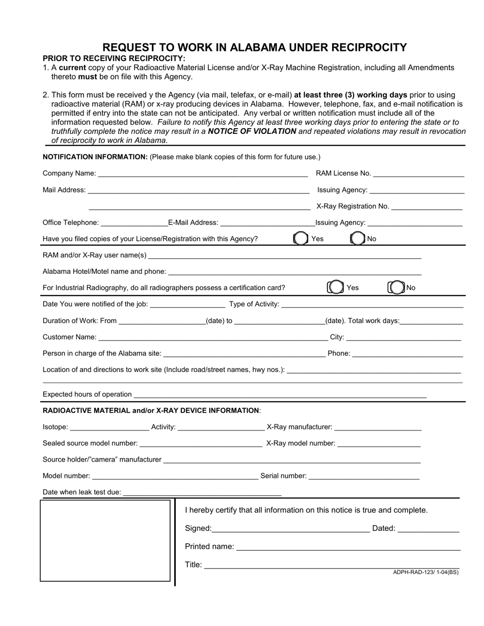 Form RR (ADPH-RAD-123) Request to Work in Alabama Under Reciprocity - Alabama, Page 1