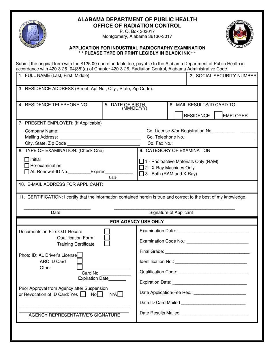 Application for Industrial Radiography Examination - Alabama, Page 1