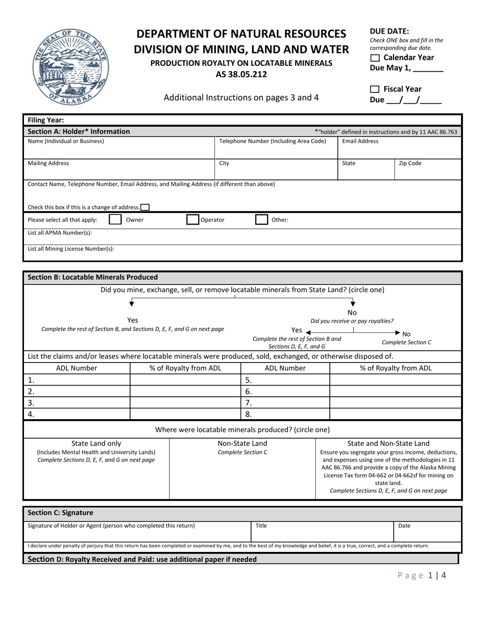 Form 102-4056 Production Royalty on Locatable Minerals - Alaska, Page 1
