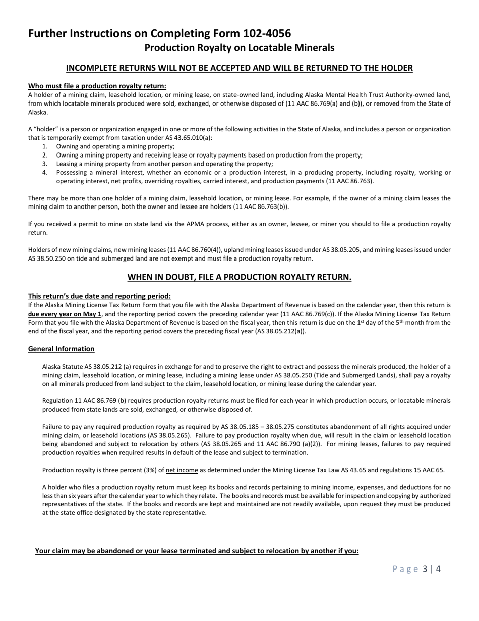 Form 102-4056 Production Royalty on Locatable Minerals - Alaska, Page 3