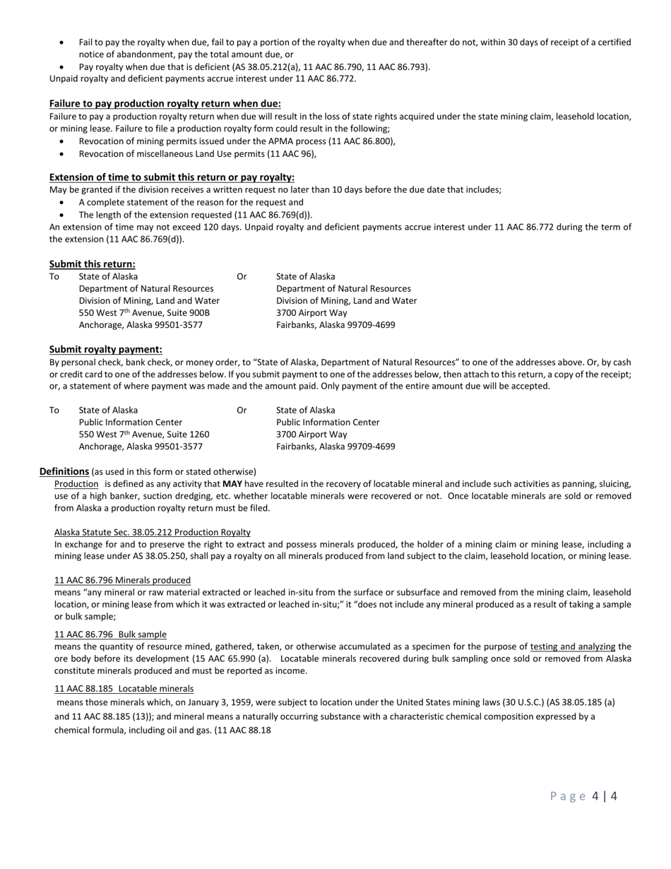 Form 102-4056 Production Royalty on Locatable Minerals - Alaska, Page 4