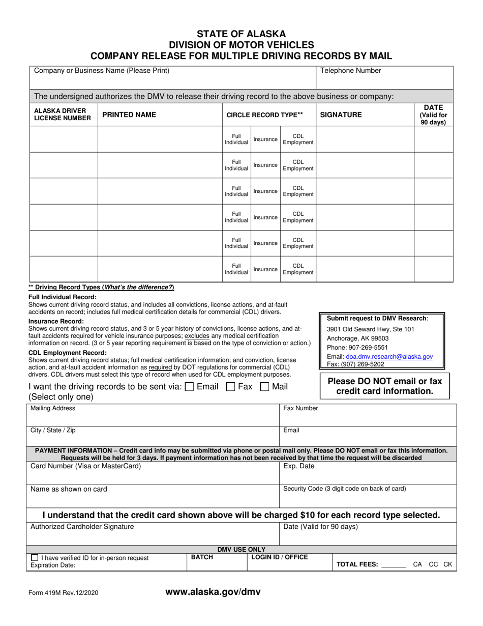 Form 419M Company Release for Multiple Driving Records by Mail - Alaska, Page 1