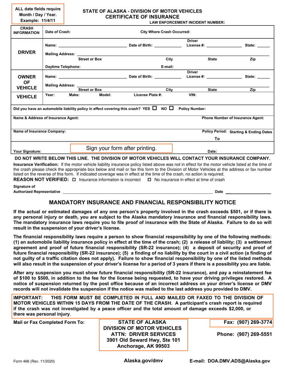 Form 466 Certificate of Insurance - Alaska, Page 1