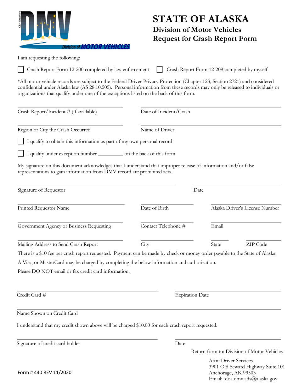 Form 440 Request for Crash Report Form - Alaska, Page 1
