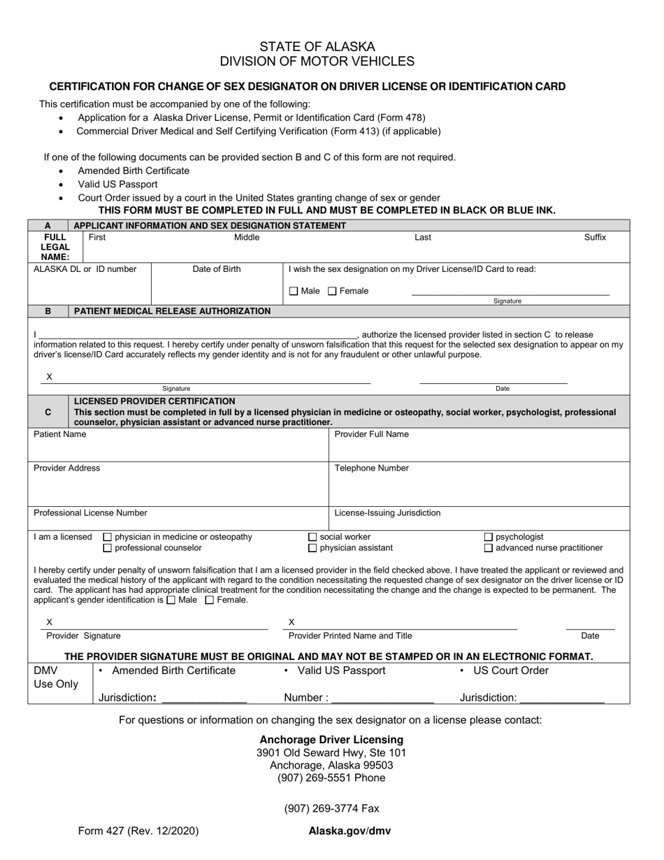 Form 427 Certification for Change of Sex Designator on Driver License or Identification Card - Alaska, Page 1