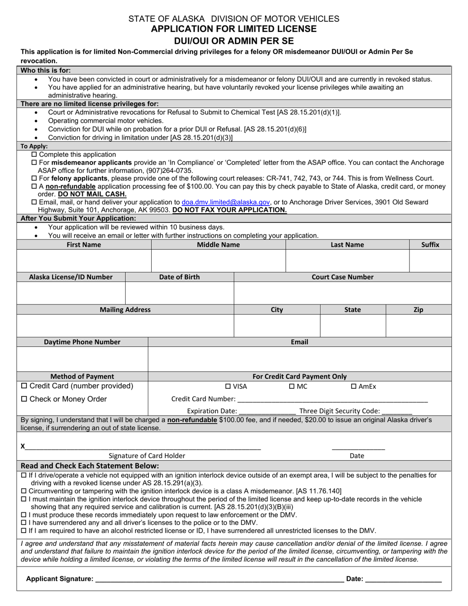 Form 404E Application for Limited License Dui / Oui or Admin Per Se - Alaska, Page 1
