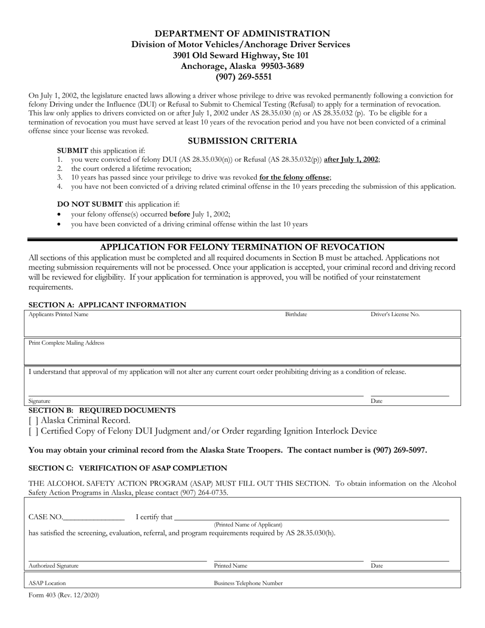 Form 403 Application for Felony Termination of Revocation - Alaska, Page 1