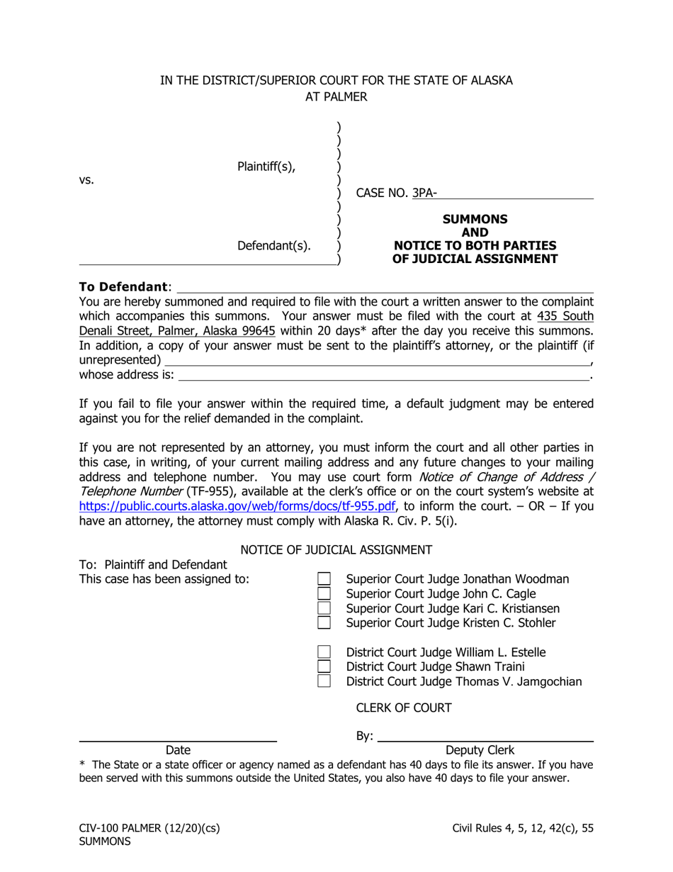 Form CIV-100 Summons and Notice to Both Parties of Judicial Assignment - Palmer, Alaska, Page 1